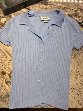 Monki Pale Blue Ribbed Button Polo Top